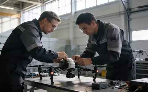 Techniker bei der Wartung einer Industriedrohne in einem modernen Hangar. - Foto: über boerse-global.de