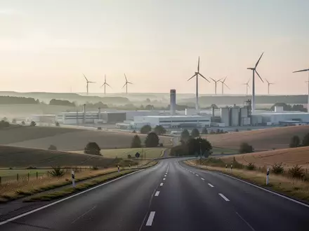 Weite, menschenleere Industrielandschaft in Ostdeutschland mit Windrädern im Hintergrund bei Sonnenaufgang. - Foto: über boerse-global.de