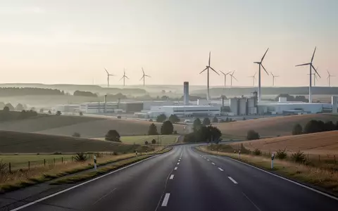 Weite, menschenleere Industrielandschaft in Ostdeutschland mit Windrädern im Hintergrund bei Sonnenaufgang. - Foto: über boerse-global.de