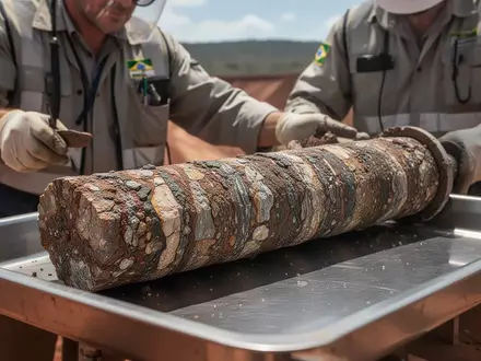 Ein Geologe untersucht einen geologischen Bohrkern an einer brasilianischen Minenstelle bei natürlichem Tageslicht. - Foto: über boerse-global.de