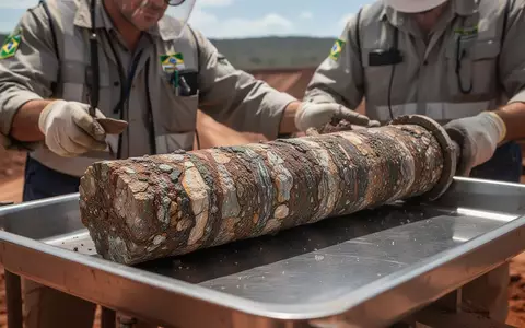 Ein Geologe untersucht einen geologischen Bohrkern an einer brasilianischen Minenstelle bei natürlichem Tageslicht. - Foto: über boerse-global.de