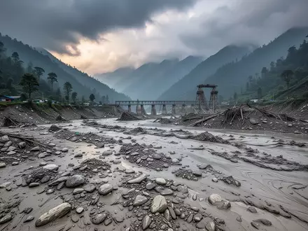 Eine weitläufige, schlammbedeckte Flusslandschaft im Trishuli-Tal nach einer verheerenden Sturzflut. - Foto: über boerse-global.de