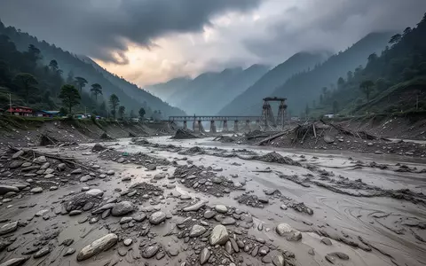 Eine weitläufige, schlammbedeckte Flusslandschaft im Trishuli-Tal nach einer verheerenden Sturzflut. - Foto: über boerse-global.de