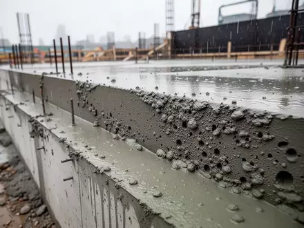 Betonfundament einer Baustelle bei Regenwetter mit Fokus auf die Textur und Feuchtigkeit der Mauer - Foto: über boerse-global.de