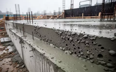 Betonfundament einer Baustelle bei Regenwetter mit Fokus auf die Textur und Feuchtigkeit der Mauer - Foto: über boerse-global.de