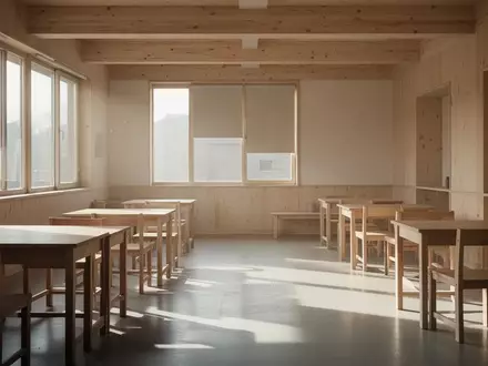 Ein heller, minimalistischer Gruppenraum in einer Kindertagesstätte mit schlichten Holzmöbeln und viel natürlichem Lichteinfall. - Foto: über boerse-global.de