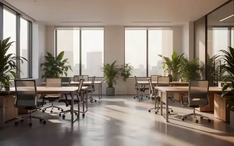Ein minimalistisches, helles Großraumbüro mit Holzschreibtischen und Pflanzen ohne sichtbare Technik. - Foto: über boerse-global.de