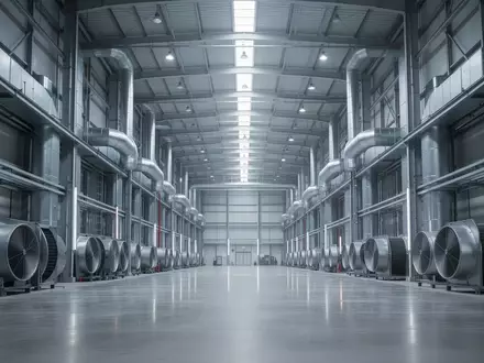 Weite Ansicht einer industriellen Kühlanlage mit metallischen Belüftungssystemen in einer minimalistischen Architektur. - Foto: über boerse-global.de