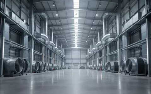 Weite Ansicht einer industriellen Kühlanlage mit metallischen Belüftungssystemen in einer minimalistischen Architektur. - Foto: über boerse-global.de