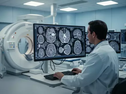 Ein Mediziner betrachtet medizinische Bildgebungsdaten an einem modernen Monitor in einer radiologischen Praxis. - Foto: über boerse-global.de