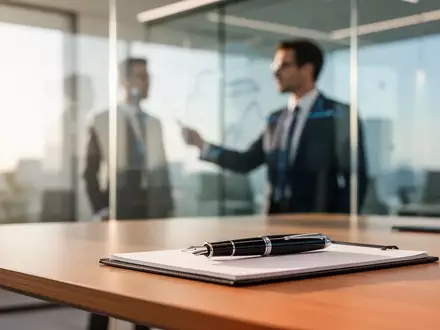 Ein moderner, heller Schreibtisch in einem professionellen Büro mit einem Füllfederhalter auf einem Notizblock. - Foto: über boerse-global.de