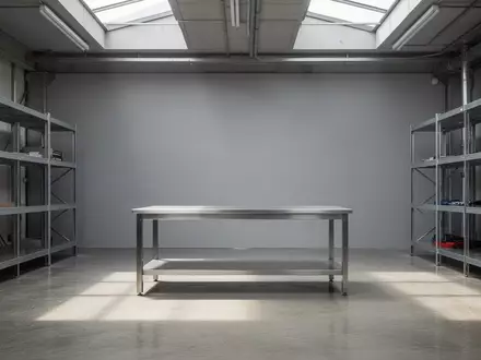 Eine leere, industrielle Werkstattumgebung mit einer sauberen Metallwerkbank in einer hellen, minimalistischen Halle. - Foto: über boerse-global.de