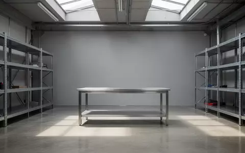 Eine leere, industrielle Werkstattumgebung mit einer sauberen Metallwerkbank in einer hellen, minimalistischen Halle. - Foto: über boerse-global.de