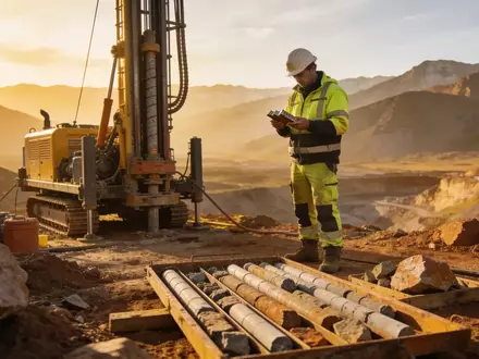 Geologe bei der Untersuchung von Gesteinsproben an einem Bohrstandort in einer abgelegenen Gebirgslandschaft. - Foto: über boerse-global.de