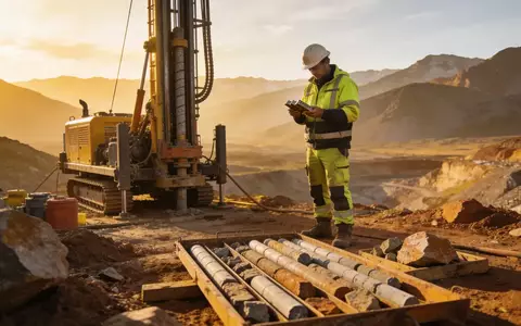 Geologe bei der Untersuchung von Gesteinsproben an einem Bohrstandort in einer abgelegenen Gebirgslandschaft. - Foto: über boerse-global.de
