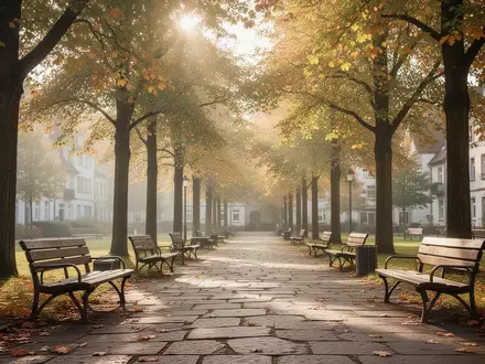 Ein ruhiger, sonnendurchfluteter Park mit Holzbänken entlang eines gepflasterten Weges in einer deutschen Kleinstadt. - Foto: über boerse-global.de