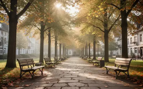 Ein ruhiger, sonnendurchfluteter Park mit Holzbänken entlang eines gepflasterten Weges in einer deutschen Kleinstadt. - Foto: über boerse-global.de
