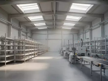 Eine moderne, leere Industriehalle mit Regalsystemen und Förderbändern in natürlichem Licht. - Foto: über boerse-global.de
