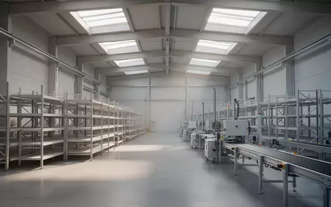Eine moderne, leere Industriehalle mit Regalsystemen und Förderbändern in natürlichem Licht. - Foto: über boerse-global.de