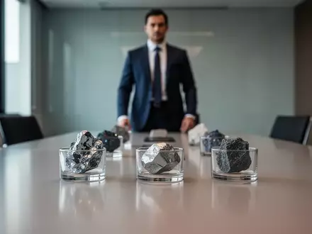 Ein Geschäftsmann im Hintergrund eines modernen Konferenzraums mit Metallproben auf einem Tisch. - Foto: über boerse-global.de
