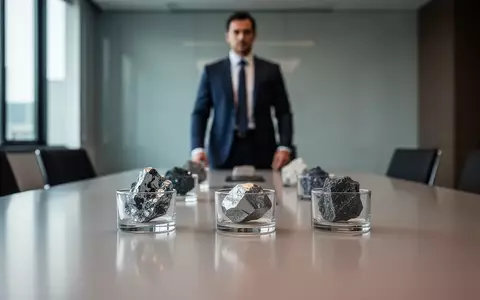 Ein Geschäftsmann im Hintergrund eines modernen Konferenzraums mit Metallproben auf einem Tisch. - Foto: über boerse-global.de