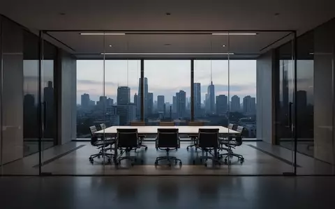 Ein minimalistisch gestalteter, leerer Konferenzraum in einem modernen Bürogebäude bei Dämmerung. - Foto: über boerse-global.de
