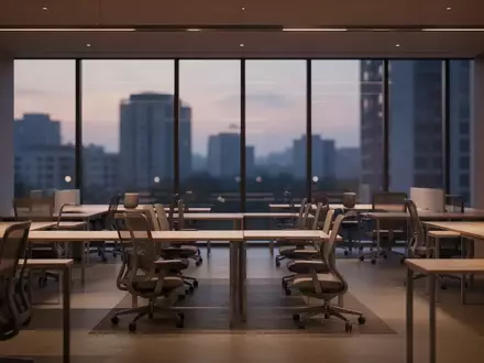 Ein minimalistisches, leeres Büro bei Dämmerung mit Holzschreibtischen und Blick auf eine verschwommene Skyline. - Foto: über boerse-global.de