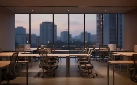 Ein minimalistisches, leeres Büro bei Dämmerung mit Holzschreibtischen und Blick auf eine verschwommene Skyline. - Foto: über boerse-global.de