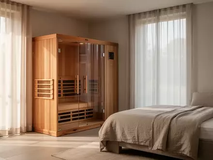 Ein heller, minimalistischer Wellness-Raum mit einer privaten Sauna und einem ordentlich gemachten Bett in einer ruhigen Atmosphäre. - Foto: über boerse-global.de