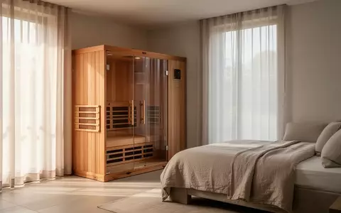 Ein heller, minimalistischer Wellness-Raum mit einer privaten Sauna und einem ordentlich gemachten Bett in einer ruhigen Atmosphäre. - Foto: über boerse-global.de