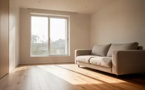 Ein helles, minimalistisch eingerichtetes Wohnzimmer mit natürlichem Lichteinfall und einem neutralen Sofa. - Foto: über boerse-global.de