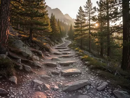 Ein steiler, unebener Wanderpfad in einem Kiefernwald bei Sonnenuntergang. - Foto: über boerse-global.de