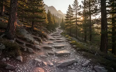 Ein steiler, unebener Wanderpfad in einem Kiefernwald bei Sonnenuntergang. - Foto: über boerse-global.de