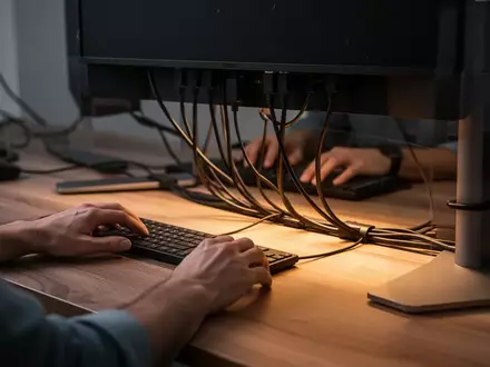 Ein aufgeräumter Arbeitsplatz mit Fokus auf Kabelmanagement und Holzoberfläche in warmem Licht. - Foto: über boerse-global.de