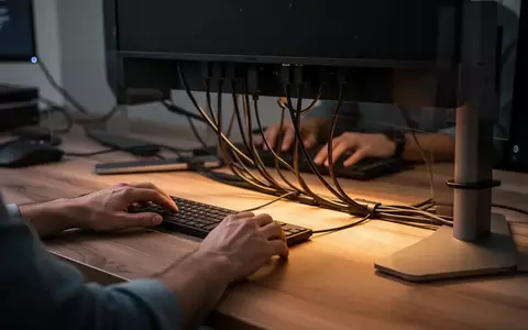 Ein aufgeräumter Arbeitsplatz mit Fokus auf Kabelmanagement und Holzoberfläche in warmem Licht. - Foto: über boerse-global.de