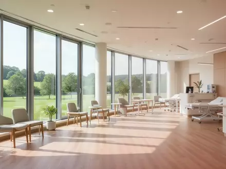 Ein heller, moderner Therapieraum mit großen Fenstern und Blick ins Grüne in einer Rehabilitationsklinik. - Foto: über boerse-global.de