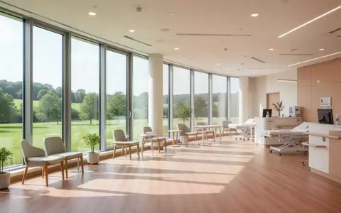 Ein heller, moderner Therapieraum mit großen Fenstern und Blick ins Grüne in einer Rehabilitationsklinik. - Foto: über boerse-global.de