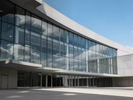 Moderne Fassade eines öffentlichen Gebäudes mit Glas und Beton bei klarem Himmel. - Foto: über boerse-global.de