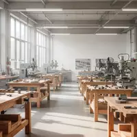 Heller, moderner Werkstattraum einer Berufsschule mit leeren Arbeitstischen und professionellen Maschinen. - Foto: über boerse-global.de