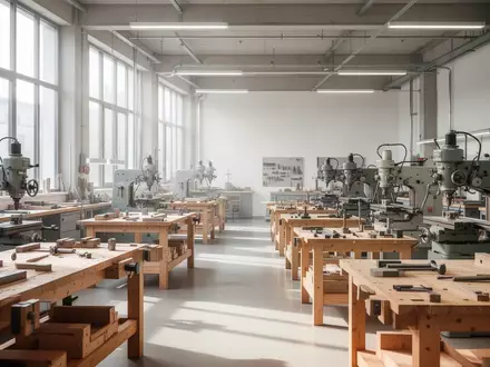 Heller, moderner Werkstattraum einer Berufsschule mit leeren Arbeitstischen und professionellen Maschinen. - Foto: über boerse-global.de