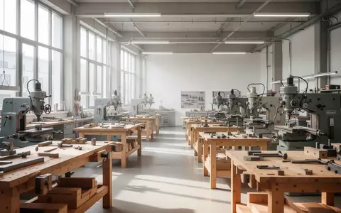 Heller, moderner Werkstattraum einer Berufsschule mit leeren Arbeitstischen und professionellen Maschinen. - Foto: über boerse-global.de