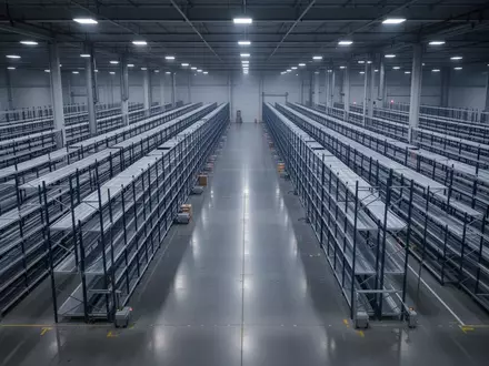 Ein weitläufiges, modernes Logistiklager mit leeren Regalen und glänzendem Betonboden in kühlem Licht. - Foto: über boerse-global.de