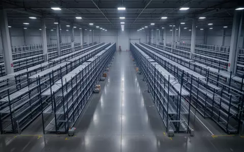 Ein weitläufiges, modernes Logistiklager mit leeren Regalen und glänzendem Betonboden in kühlem Licht. - Foto: über boerse-global.de