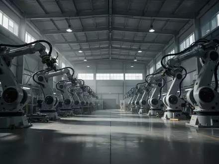 Eine weitläufige, leere Fabrikhalle mit stillstehenden Industrierobotern bei natürlichem, kühlem Lichteinfall. - Foto: über boerse-global.de