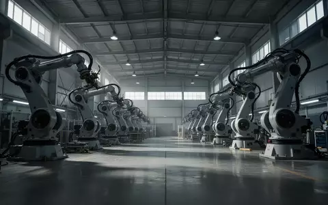 Eine weitläufige, leere Fabrikhalle mit stillstehenden Industrierobotern bei natürlichem, kühlem Lichteinfall. - Foto: über boerse-global.de