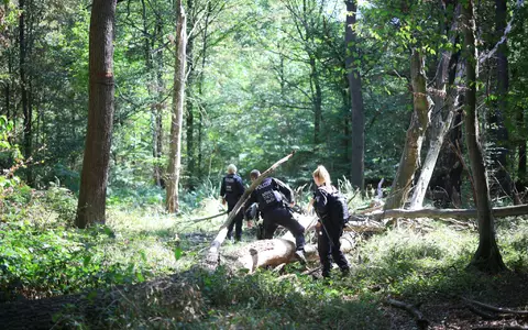 Die Polizei sucht mitten im Wald nach dem Verdächtigen. - Foto: Christoph Reichwein/dpa