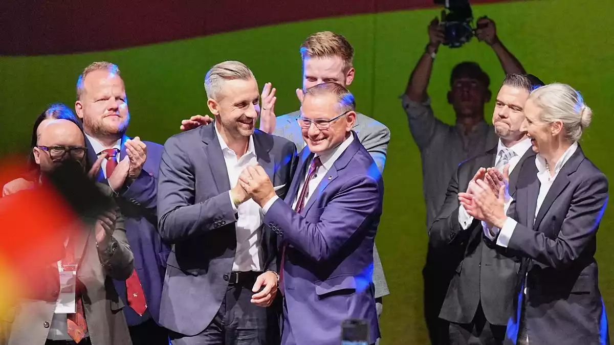Die AfD-Bundesspitze gratuliert Siegmund. - Bild: Michael Kappeler/dpa