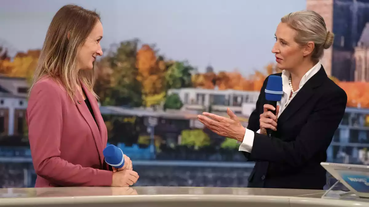 BSW-Spitzenkandidatin Claudia Wittig und AfD-Bundesvorsitzende Alice Weidel standen gemeinsam in einer Wahlsendung.  - Bild: Jan Woitas/dpa