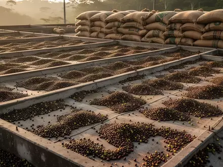 Weitläufige Kaffeeplantage mit ausgebreiteten Kaffeebohnen auf einer Trockenfläche und gestapelten Jutesäcken. - Foto: über boerse-global.de