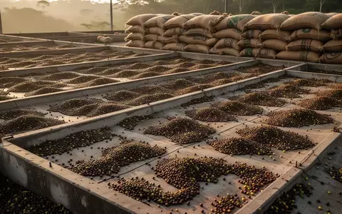 Weitläufige Kaffeeplantage mit ausgebreiteten Kaffeebohnen auf einer Trockenfläche und gestapelten Jutesäcken. - Foto: über boerse-global.de